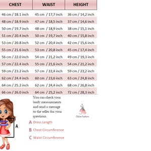 May include: A chart with size, chest, waist, and height measurements in inches and centimeters for children's clothing. The chart includes sizes from 0-3 months to 8 years.
