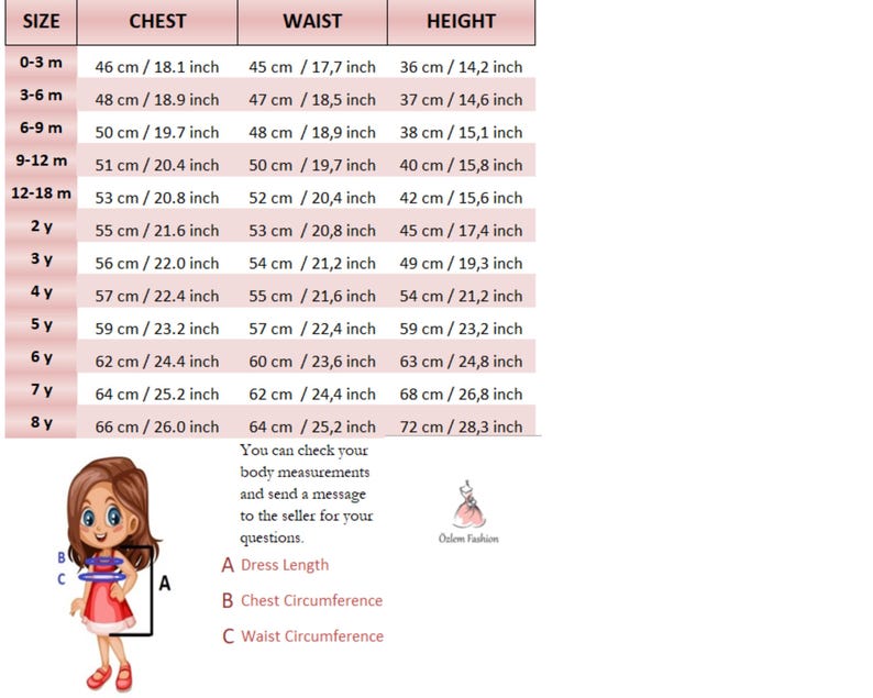 May include: A chart with size, chest, waist, and height measurements in inches and centimeters for children's clothing. The chart includes sizes from 0-3 months to 8 years.