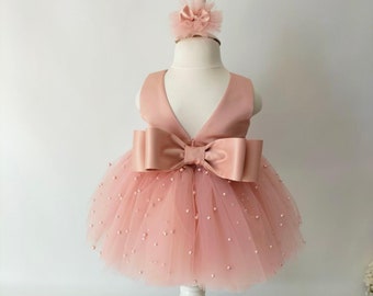 Powder Pink Baby Girls  Sırti V Party Tulle Dress,New baby Gift,Baby Girl Outfit,First Communion, Party Flower Girls Dress,Baby Baptism Gift
