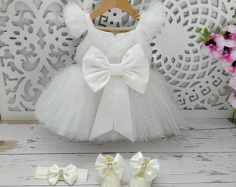 White Pearl Christening Dress & Shoes Set: Baby Girl Baptism Outfit