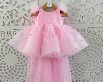 Pink Tulle Flower Girl Dress: Detachable Train, Birthday Pageant