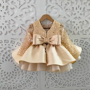 Gold Lace Tutu Dress: V-Back Ball Gown, First Birthday, Wedding