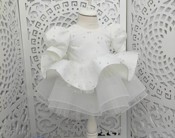 Robe de fille de fleur de perle blanche, robe de séance photo d'anniversaire, robe de princesse, robe de 2e anniversaire, amoureux des robes de bébé, couture pour enfants, déguisement de fée
