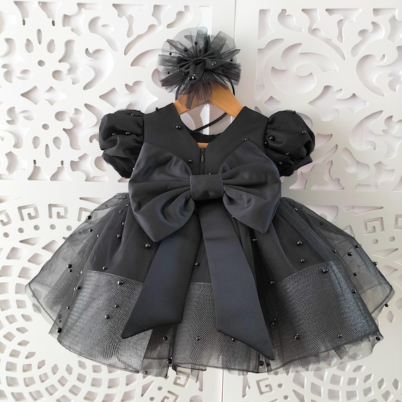 Black Pearl Puffy Dress: V-back Big Bow Baby Girl Dress - Etsy