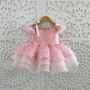 Luxury Lace Baby Girl Gown: Puffy Party Dress, Pearl Princess, First Birthday, Photo Shoot