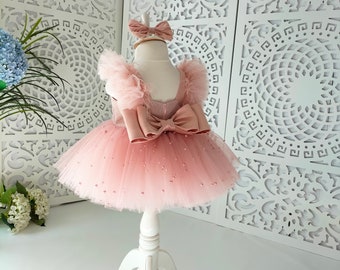 Vestido de tutú de cumpleaños rosa polvo, vestido de fiesta de bebé, vestido de baile para niños pequeños, primer vestido de cumpleaños, vestido de perlas de boda, vestido para ocasiones especiales