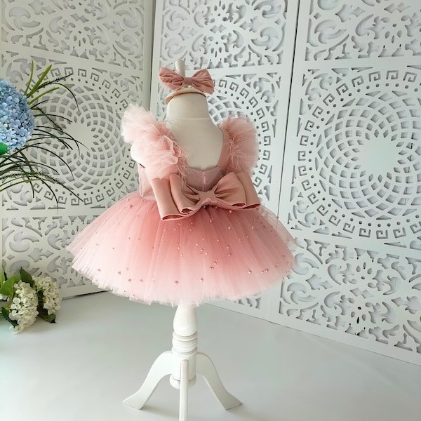 Powder Pink Birthday Tutu Dress,Baby Prom Dress Ball Gown Toddler First Birthday Dress,Wedding Pearl Dress,Special Occasion Dress