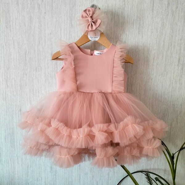 Pink powder princess party tulle dress,baby dress 3-6 month for you special occasion ,first birthday photo shoot dress,cake smash girl