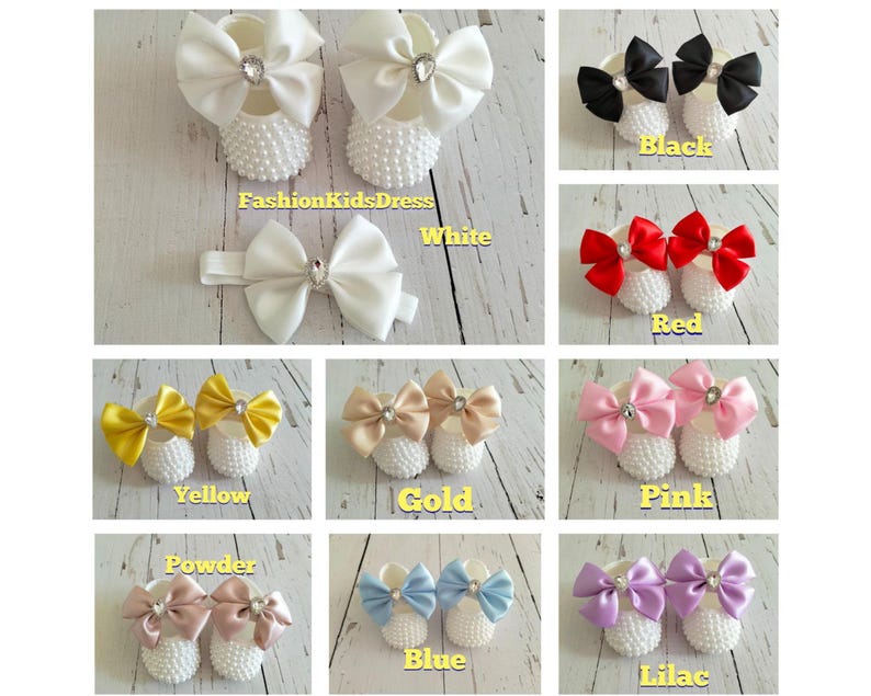 May include: Set of baby shoes with pearl embellishments and satin bows in various colors, including white, black, red, yellow, gold, pink, powder, blue, and lilac.  FashionKidsDress is printed on the image.