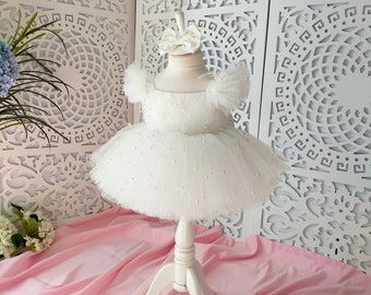 White Birthday Pearl Dress,Baby Girl Toddler Party Dress,Photo Shoot Dress,Baby First Christmas,Girls Baptism Gifts,Baby Gift,New Born Dress