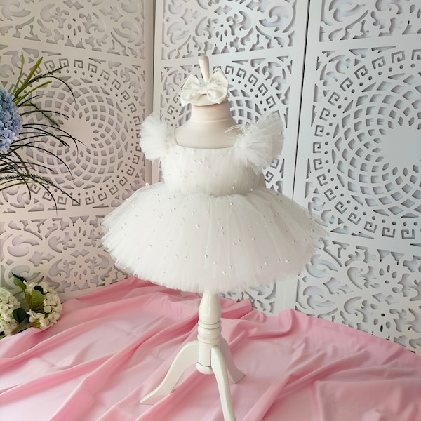 White Birthday Pearl Dress,Baby Girl Toddler Party Dress,Photo Shoot Dress,Baby First Christmas,Girls Baptism Gifts,Baby Gift,New Born Dress