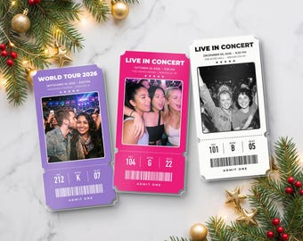 Könnte beinhalten: Drei rechteckige Konzertkarten-Andenken mit individuellen Fotos. Ein lila Ticket für eine Welttournee 2026, ein pinkes Ticket für ein Konzert in Nashville und ein weißes Ticket für ein Konzert in Brooklyn, alle mit Barcodes.