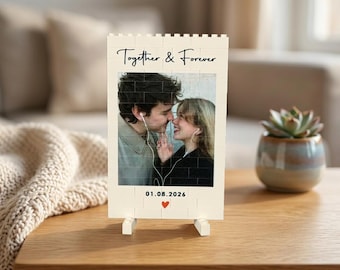 Bloque de fotos de aniversario personalizado para pareja, recuerdo de ladrillos de construcción con foto personalizada, recuerdo romántico de aniversario de boda.
