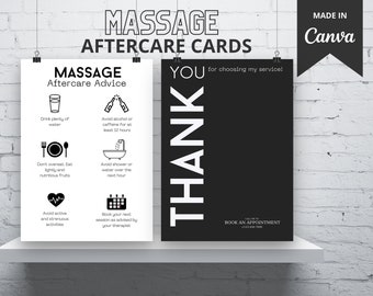 May include: Two black and white cards with instructions for massage aftercare and a thank you message. The first card has a title "Massage Aftercare Advice" and lists several tips, including drinking plenty of water, avoiding alcohol or caffeine, eating lightly, avoiding strenuous activities, and booking a follow-up appointment. The second card has a title "Thank You" and says "for choosing my service!" with a phone number for booking an appointment.