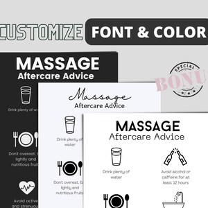 K&ouml;nnte beinhalten: Schwarz-wei&szlig;es druckbares Poster mit dem Text "Massage Aftercare Advice" und Illustrationen eines Glases Wasser, eines Tellers mit Gabel und L&ouml;ffel, eines Herzens, einer Badewanne mit einem Wasserhahn und zwei Gl&auml;sern Alkohol mit einem Strich durch. Das Poster enth&auml;lt auch den Text "Trinken Sie viel Wasser", "Essen Sie nicht zu viel. Essen Sie leicht und nahrhafte Fr&uuml;chte", "Vermeiden Sie aktive und anstrengende Aktivit&auml;ten", und "Vermeiden Sie Alkohol oder Koffein f&uuml;r mindestens 12 Stunden".