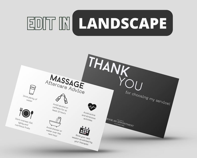 K&ouml;nnte beinhalten: Schwarz-wei&szlig;e Visitenkarte mit dem Text "Vielen Dank f&uuml;r die Wahl meines Dienstes!" und "Termin buchen". Die Karte enth&auml;lt auch eine wei&szlig;e Visitenkarte mit dem Text "Massage-Nachsorge-Tipps" und einer Liste von Tipps f&uuml;r die Zeit nach einer Massage, darunter viel Wasser trinken, Alkohol oder Koffein f&uuml;r mindestens 12 Stunden vermeiden, aktive und anstrengende Aktivit&auml;ten vermeiden, leicht und nahrhaftes Obst essen, Duschen oder Wasser f&uuml;r eine Stunde vermeiden und die n&auml;chste Sitzung wie von Ihrem Therapeuten empfohlen buchen.