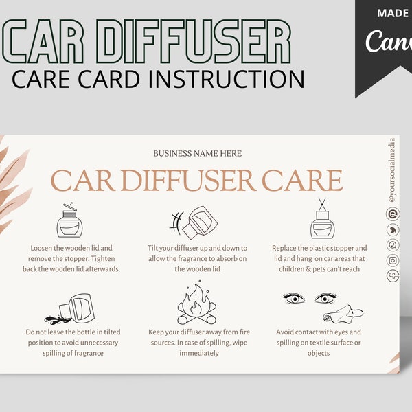 Car Diffuser Care Guide Template| Mini Hanging Oil Diffuser Care Card Printable| Editable Car Freshener Care Instructions | Minimalist |