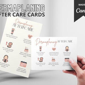 Könnte beinhalten: Zwei rosa und weiße Karten mit Anweisungen für die Nachsorge nach einer Dermaplaning-Behandlung. Die Karten zeigen Illustrationen von Hautpflegeprodukten, einem Kalender und einem Herzfrequenzmesser. Der Text auf den Karten lautet "Dermaplaning After-Care".