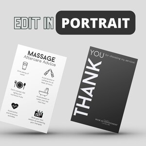 K&ouml;nnte beinhalten: Zwei schwarz-wei&szlig;e Karten mit Text und Symbolen. Die erste Karte lautet "Massage Aftercare Advice" und enth&auml;lt Symbole f&uuml;r das Trinken von Wasser, das Vermeiden von &Uuml;beressen, das Vermeiden anstrengender Aktivit&auml;ten, das Vermeiden von Alkohol oder Koffein, das Vermeiden von Duschen und das Buchen eines Folgetermins. Die zweite Karte lautet "Vielen Dank f&uuml;r die Wahl meines Dienstes!" und das Wort "Danke" ist vertikal in gro&szlig;en wei&szlig;en Buchstaben geschrieben.