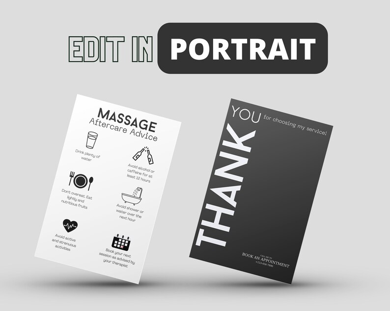 K&ouml;nnte beinhalten: Zwei schwarz-wei&szlig;e Karten mit Text und Symbolen. Die erste Karte lautet "Massage Aftercare Advice" und enth&auml;lt Symbole f&uuml;r das Trinken von Wasser, das Vermeiden von &Uuml;beressen, das Vermeiden anstrengender Aktivit&auml;ten, das Vermeiden von Alkohol oder Koffein, das Vermeiden von Duschen und das Buchen eines Folgetermins. Die zweite Karte lautet "Vielen Dank f&uuml;r die Wahl meines Dienstes!" und das Wort "Danke" ist vertikal in gro&szlig;en wei&szlig;en Buchstaben geschrieben.