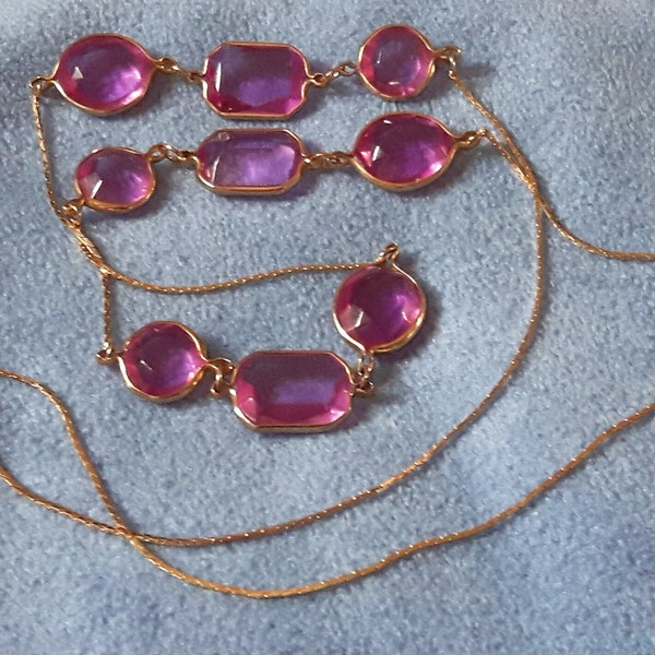 Pink/Lavender Glass Cabochon Party Necklace on Gold Snake Chain