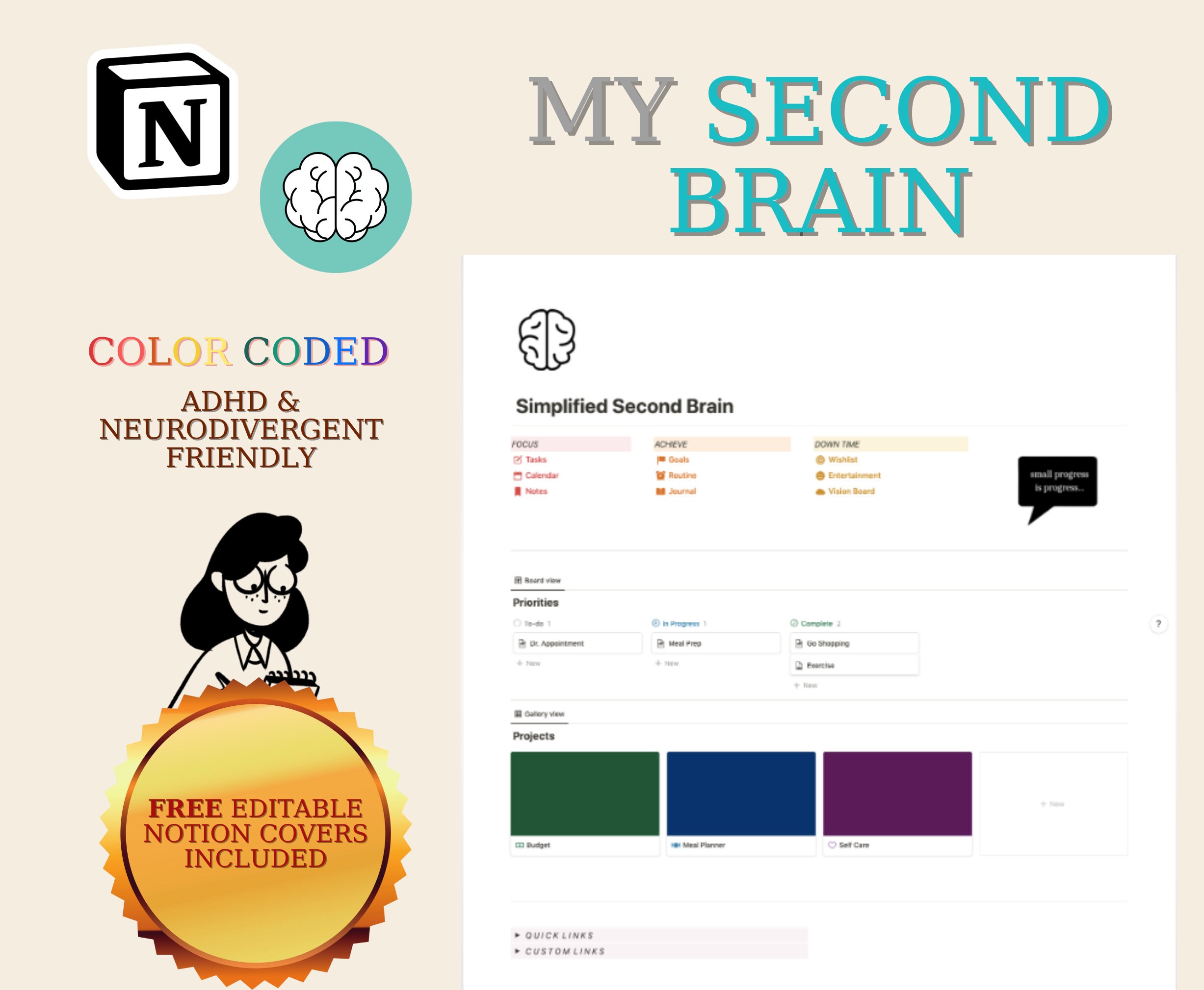 Second Brain Notion Template Beginner and Neurodivergent Etsy
