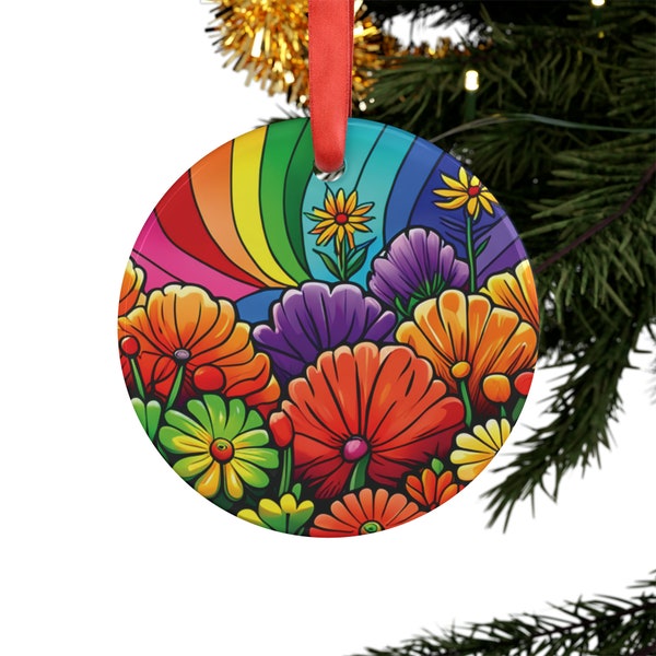 LGBTQ Ornament, Retro Rainbow & Flowers Acrylic Ornament. Embrace the essence of Love and Equality with this groovy ornament