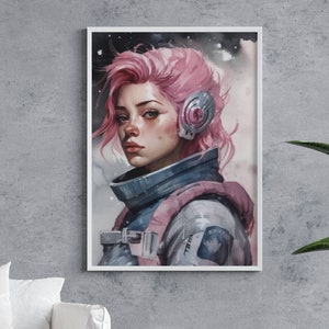 Futuristic art, sci-fi illustration, astronaut girl, digital print, Cyberpunk painting, digital download, wall art, Space fantasy art