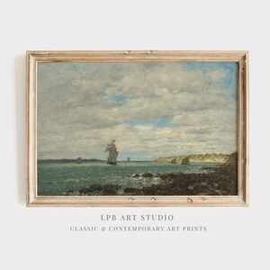 Moody Seascape Oil Painting: Vintage Sailboat Coastal Art (Digital Download)