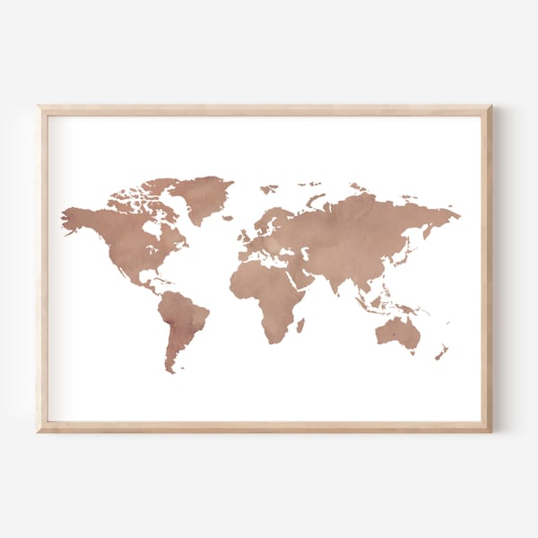 Beige Printable world map, Digital world map poster, Neutral wall art, Downloadable dorm decor, wall map of world, Digital print world map