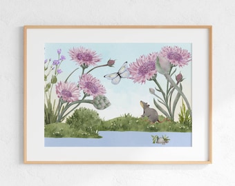 Kwekerijkunst muis en vlinder | Aquarel dierenprint (digitale download)