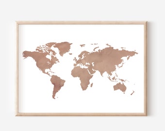 Beige Printable world map, Digital world map poster, Neutral wall art, Downloadable dorm decor, wall map of world, Digital print world map