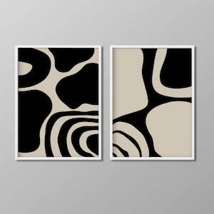 Abstract Art Prints: Mid Century Modern Black Beige Set (Digital Download)