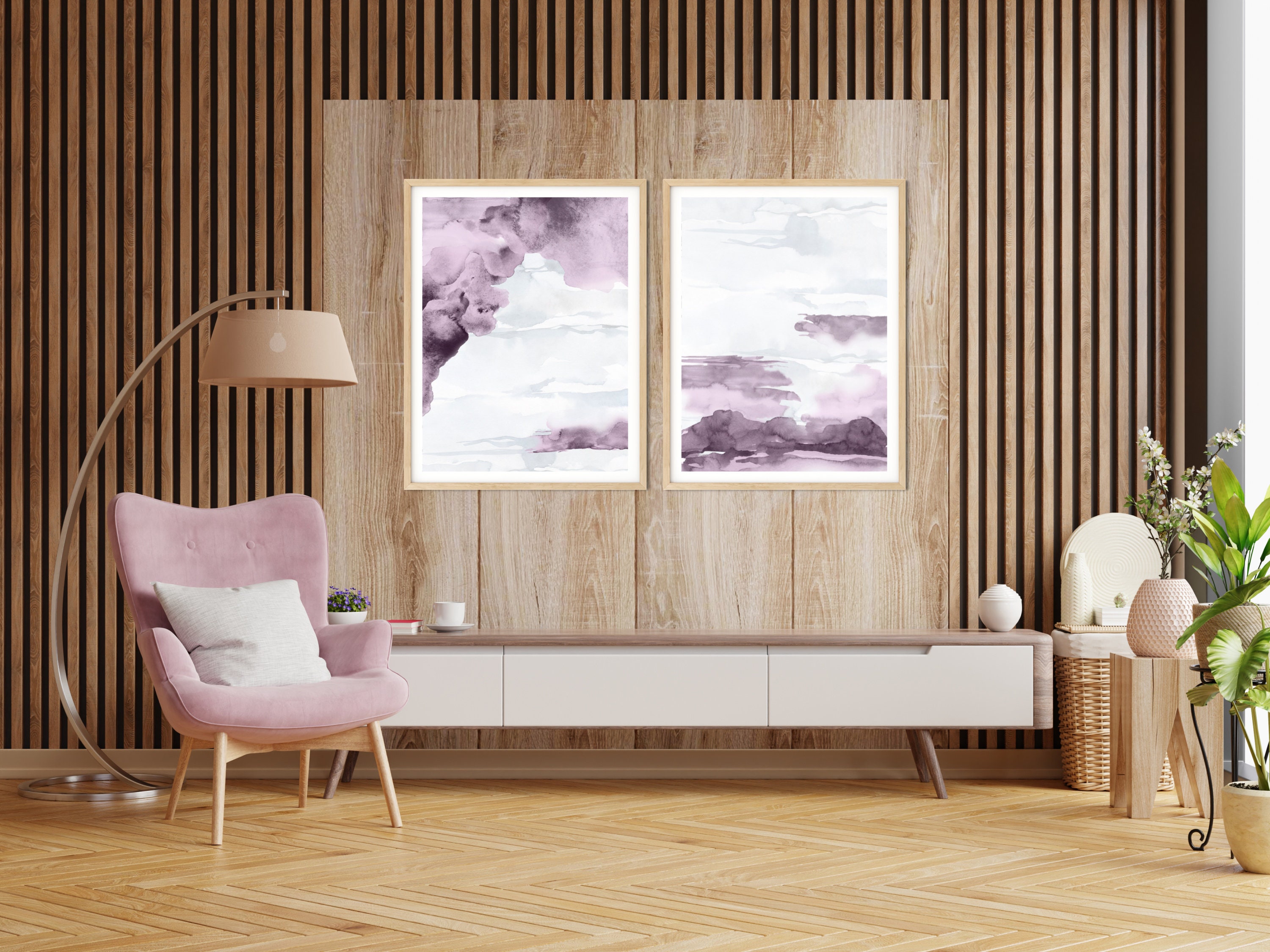 Purple Pink Watercolor Wall Art, Digital Prints, Ombre Wall Art