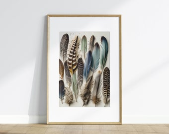 Impresión de plumas de pájaro coloridas, arte mural natural (descarga digital)