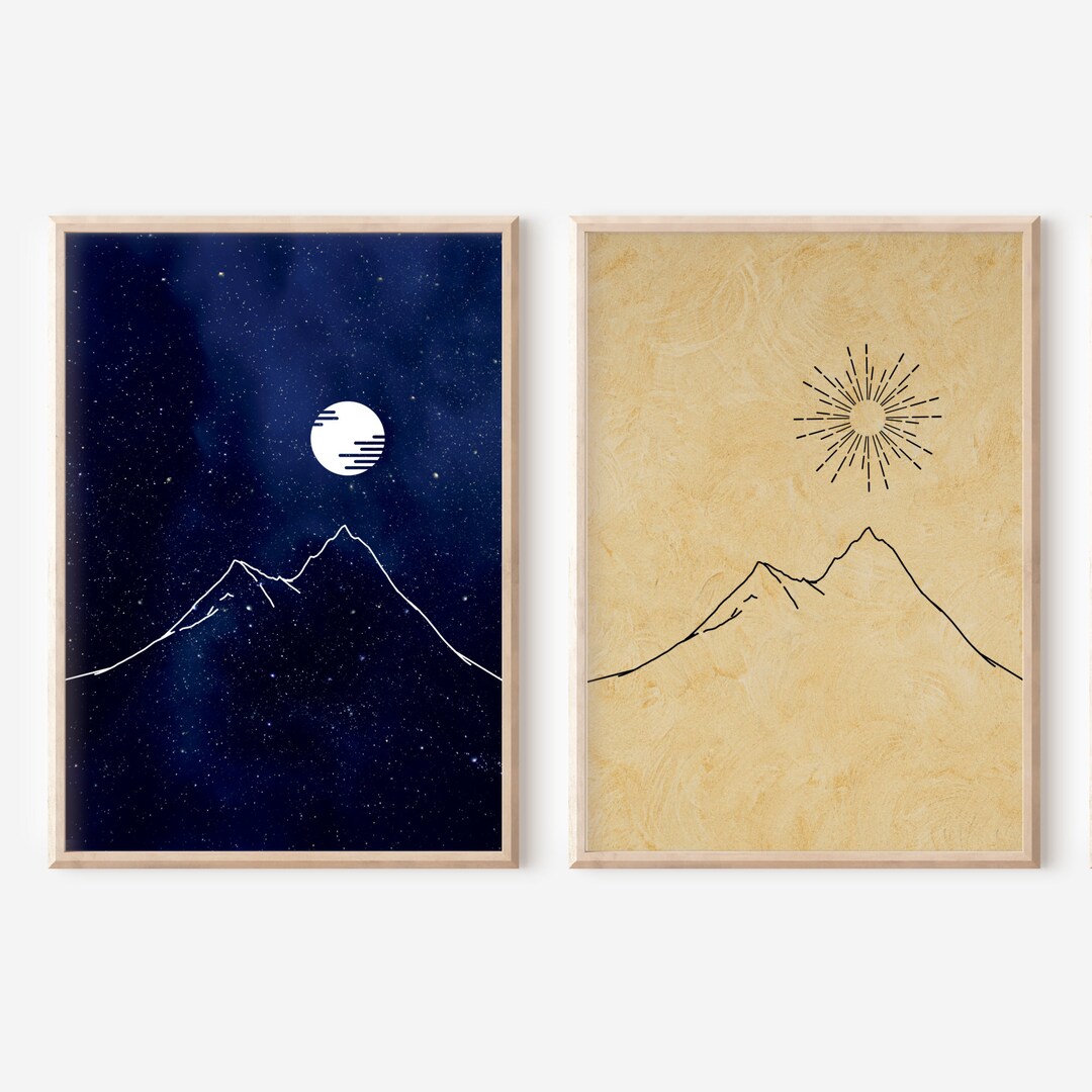 Sun and Moon Mountain Print Set: Boho Celestial Wall Art (digital ...