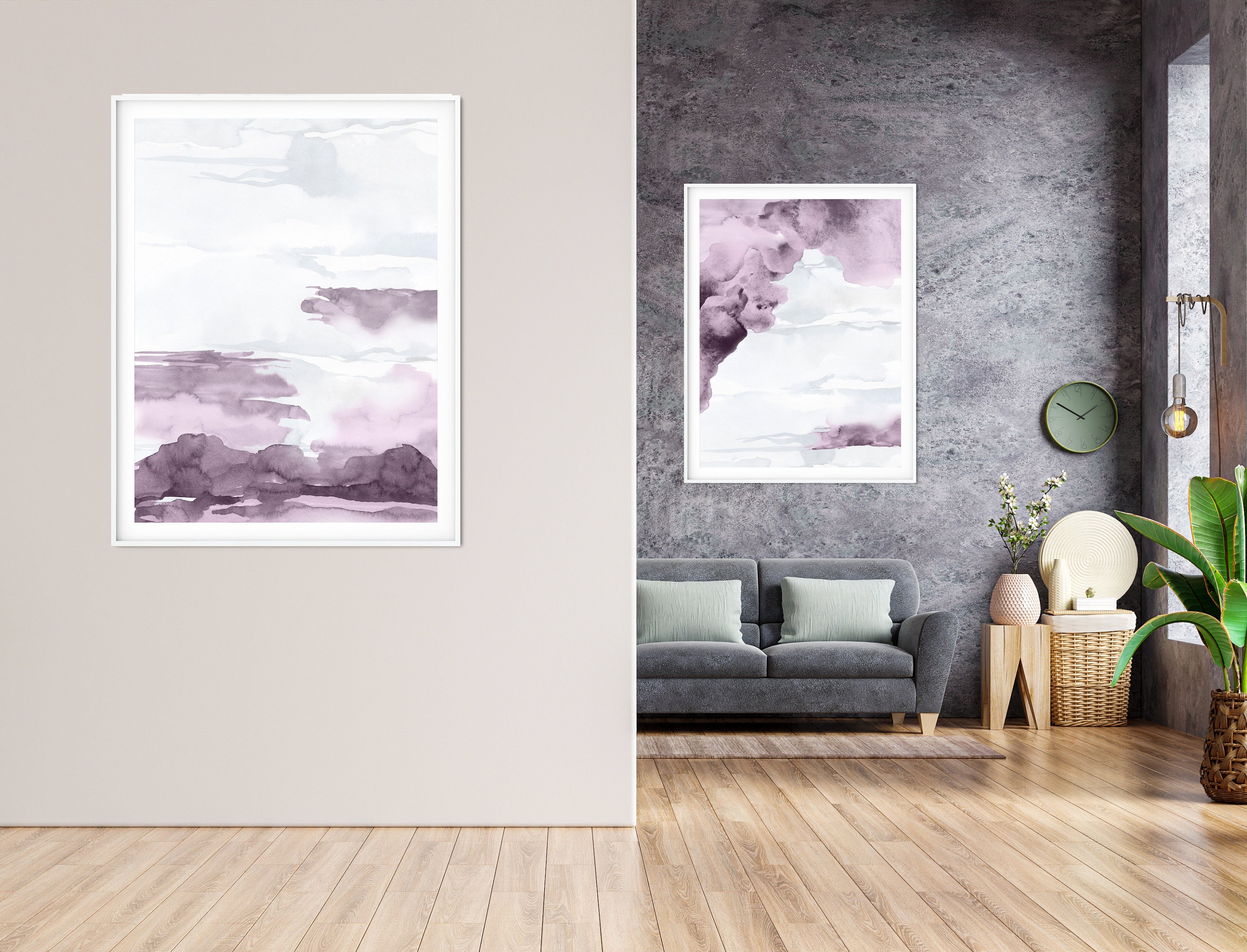 Purple Pink Watercolor Wall Art, Digital Prints, Ombre Wall Art