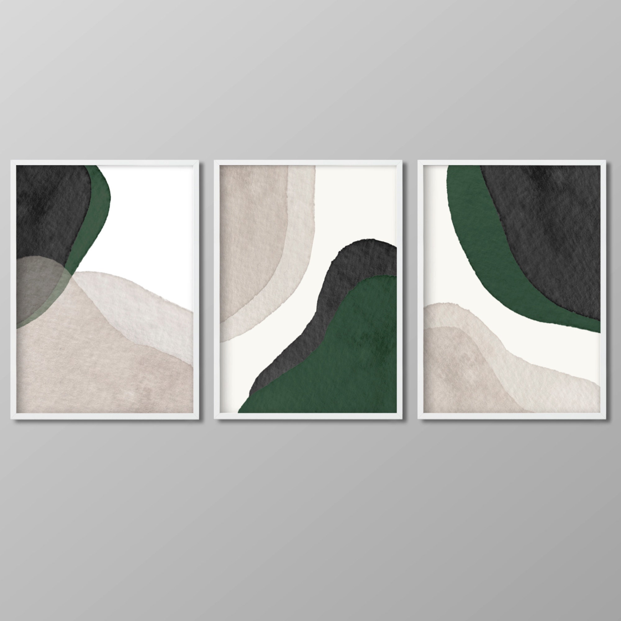 Dark Green Wall Art, 3 Piece Art Prints, Forest Green Minimalist Art