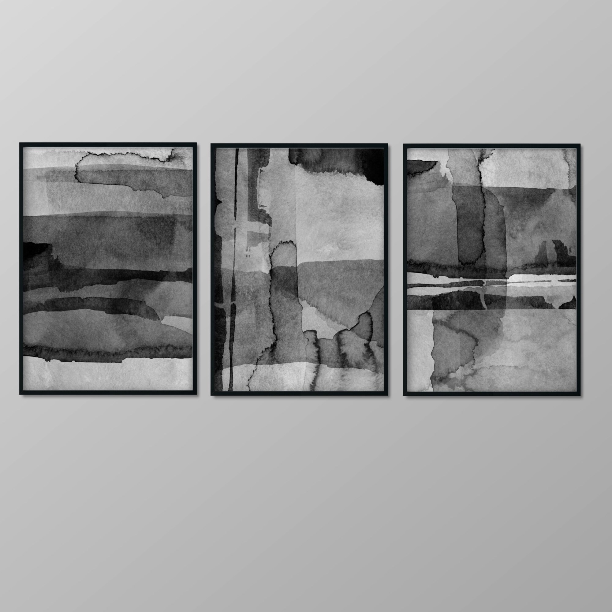 Set of 3 Piece Black Grey Wall Art, Abstract Minimalist Painting, Wall