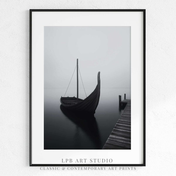 Scandinavian Home Wall Art | Black and White Viking Longship Art | Serene Digital Print | PRINTABLE Photography | 630