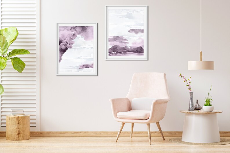 Purple Pink Watercolor Wall Art, Digital Prints, Ombre Wall Art