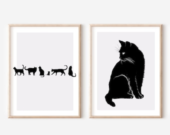 Minimalistische zwarte kat-kunstprints: modern muurdecor (set van 2) (digitale download)
