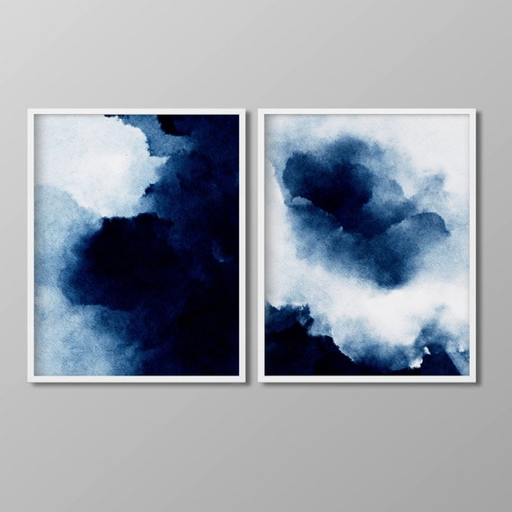 Set of 2 Indigo Blue Wall Art Abstract Minimalist Painting Etsy
