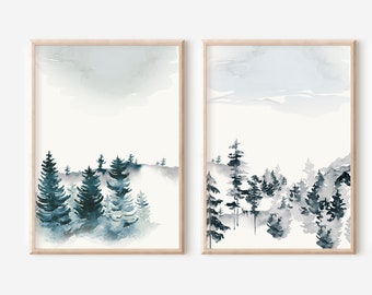Green Grey Forest Print Set: Watercolor Landscape Wall Art (Digital Download)