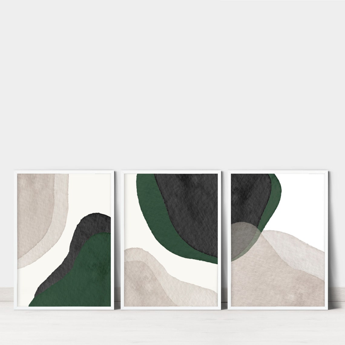 Dark Green Wall Art, 3 Piece Art Prints, Forest Green Minimalist Art