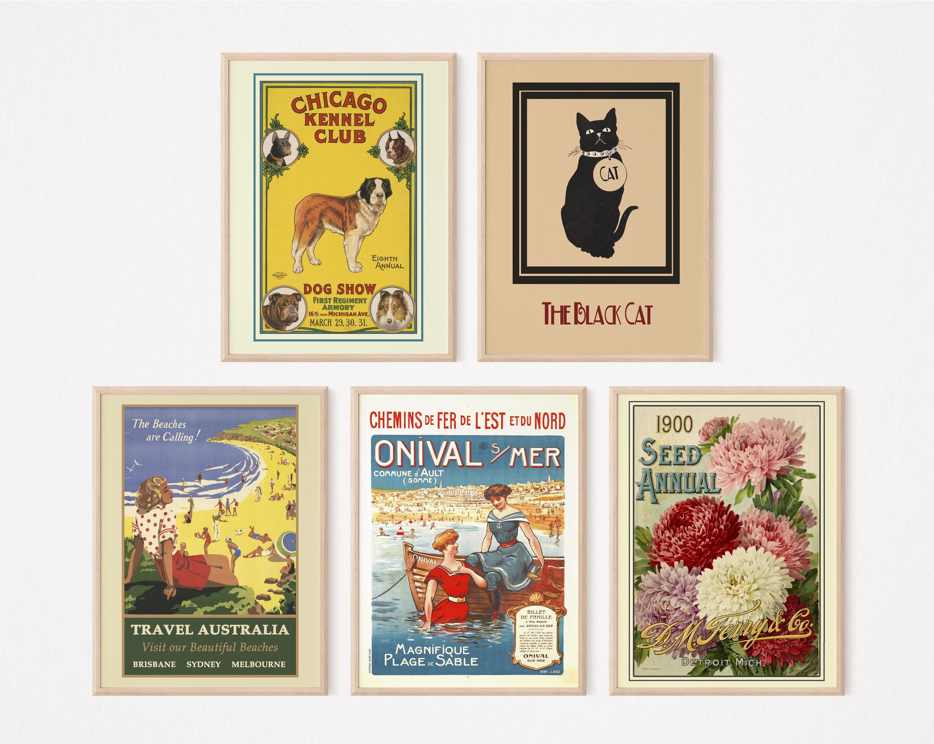 Set of 5 Vintage Posters 5 Digital Vintage Prints Wall Art Etsy