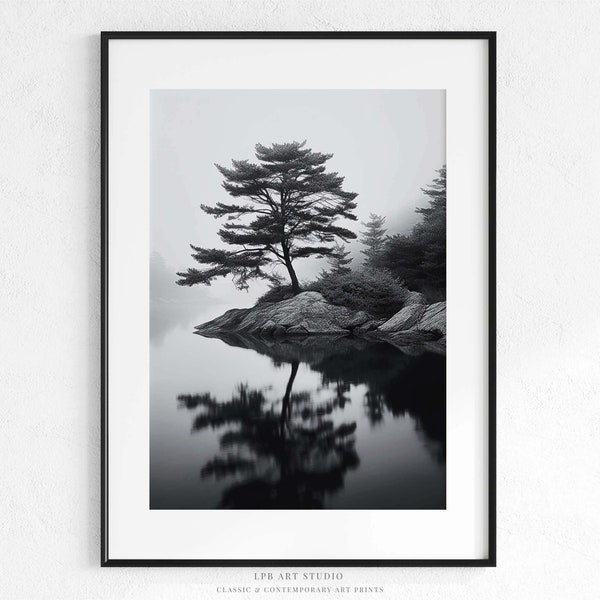 Black and White Photo Serene Art Print | Tree and Lake Wall Art | PRINTABLE B&W Photography | Digital wall art print | 625