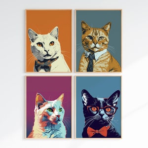 Set of 4 Pop Art Cool Cat Prints, Abstract Printable Wall, Digital Gallery Art Print,  Colorful Poster, Digital Poster Download, Modern Art