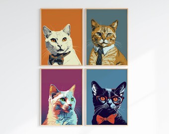 Pop Art Cool Cat Prints, Abstract Gallery Wall Art (Digital Download)
