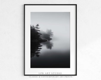 May include: Black and white photograph of a misty lake with trees reflected in the water. The image is framed in a black frame with the text "LPB ART STUDIO" and "CLASSIC & CONTEMPORARY ART PRINTS" at the bottom.